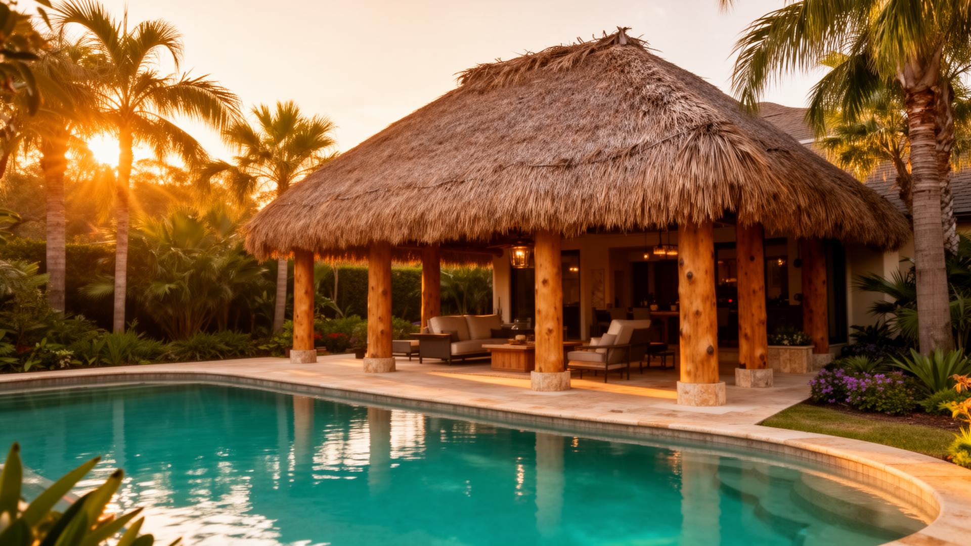 A finished palapa glowing at sunset over a North Texas pool