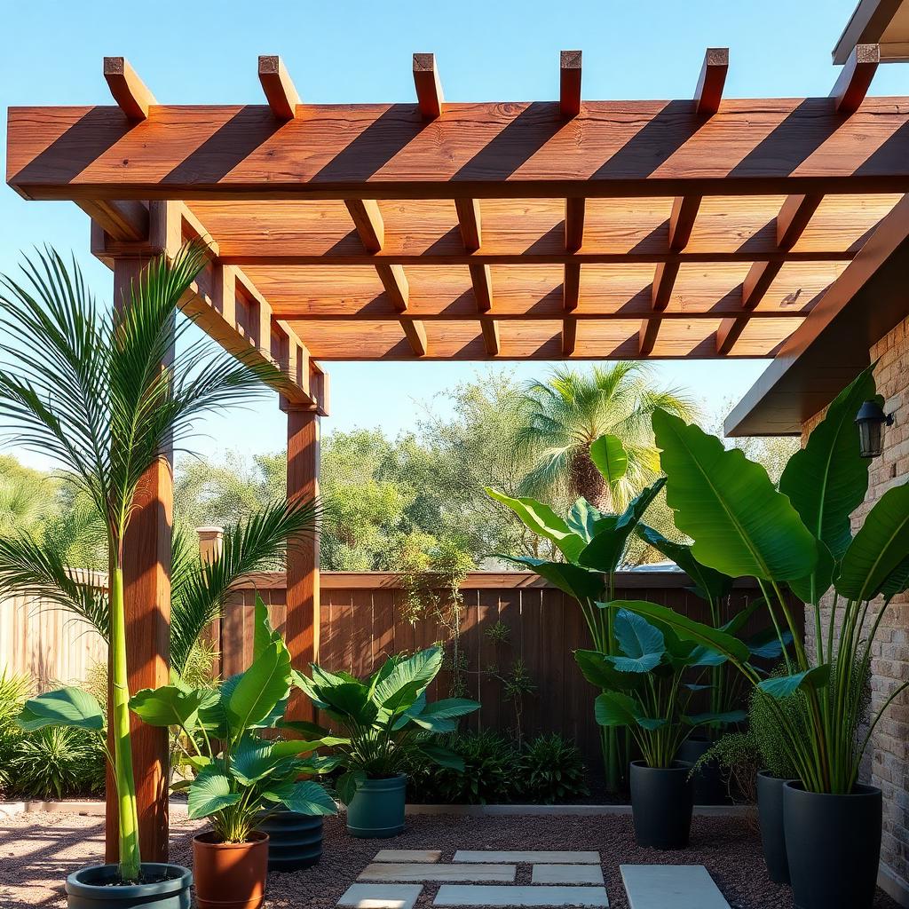 Cedar pergola over an outdoor dining area in Denton