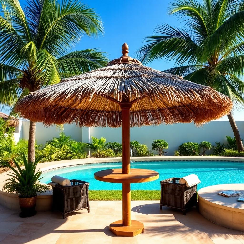 Palm tiki umbrella over poolside lounge chairs in Prosper